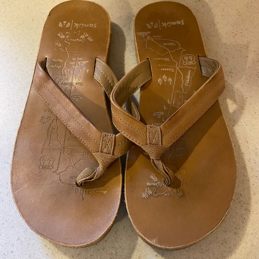 Sanuk Brown Leather Flip Flops
